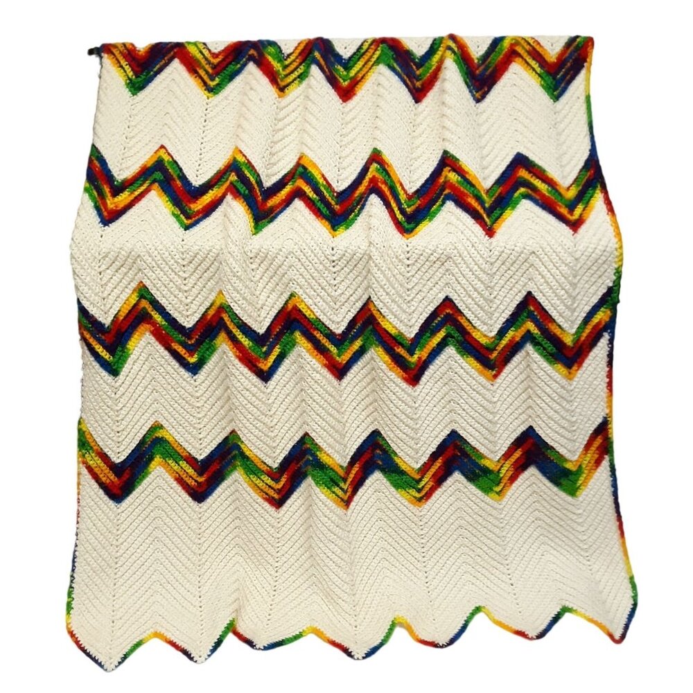 Hand Crochet Chevron Rainbow Afghan Cream Primary Colors Acrylic